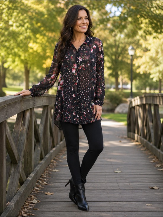 Reitmans Tops - Reitmans Black Sheer Floral Button-Up Blouse with Pink Roses